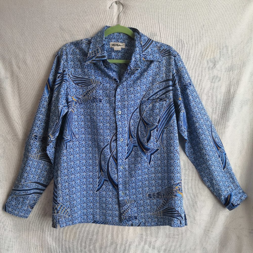 Tori Richard Shirt Hawaiian Polyester Disco Bird Feathers L/S vtg 70s Mens M